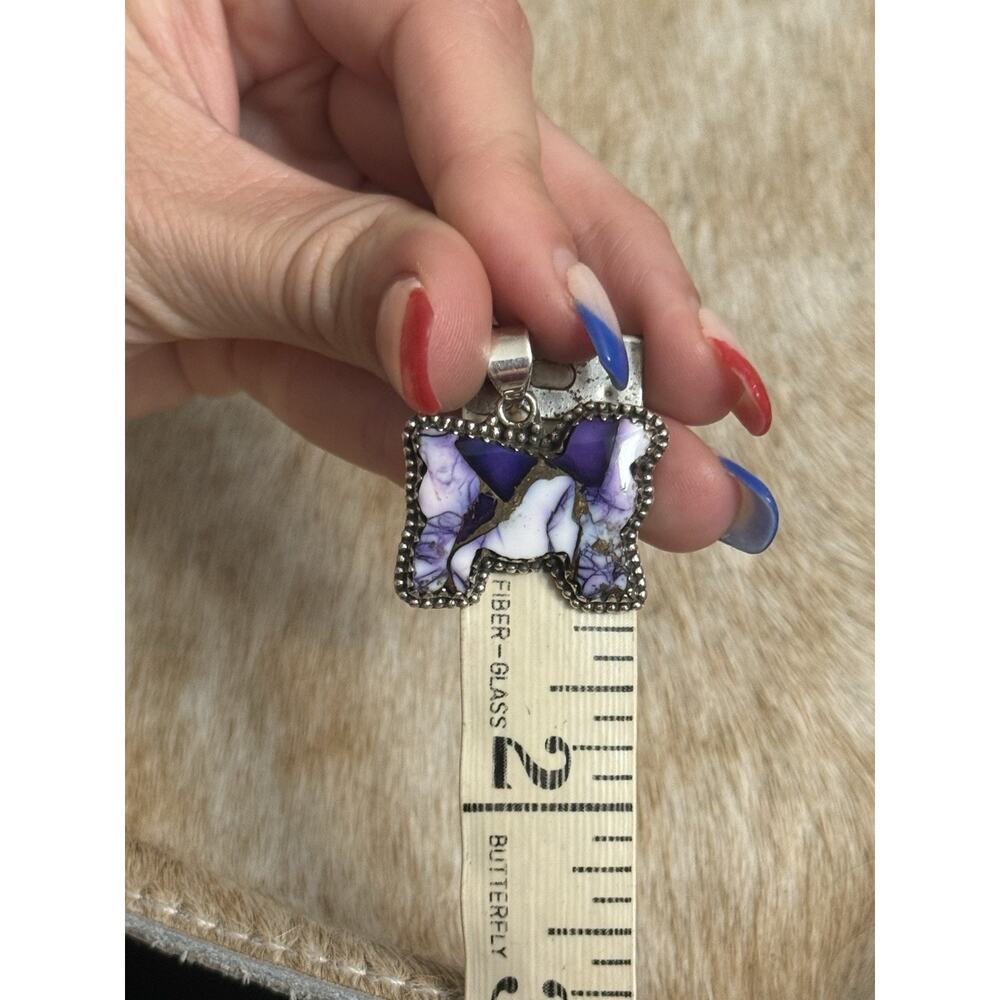 Native American SW Sterling Silver & Purple Dahlia Turquoise Sheep Cow Pendant - Picture 6 of 9